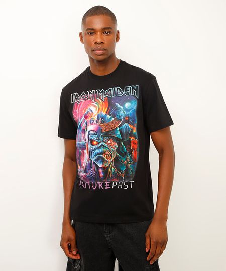 camiseta de algodão manga curta iron maiden preta PP
