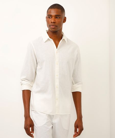 camisa de linho e algodão manga longa verde médio - branco G camisa de linho e algodão manga longa verde médio - branco G