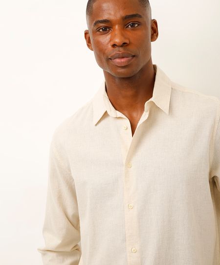 camisa de linho e algodão manga longa verde médio - kaki claro P camisa de linho e algodão manga longa verde médio - kaki claro P