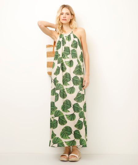 vestido longo halterneck folhagem bege P vestido longo halterneck folhagem bege P