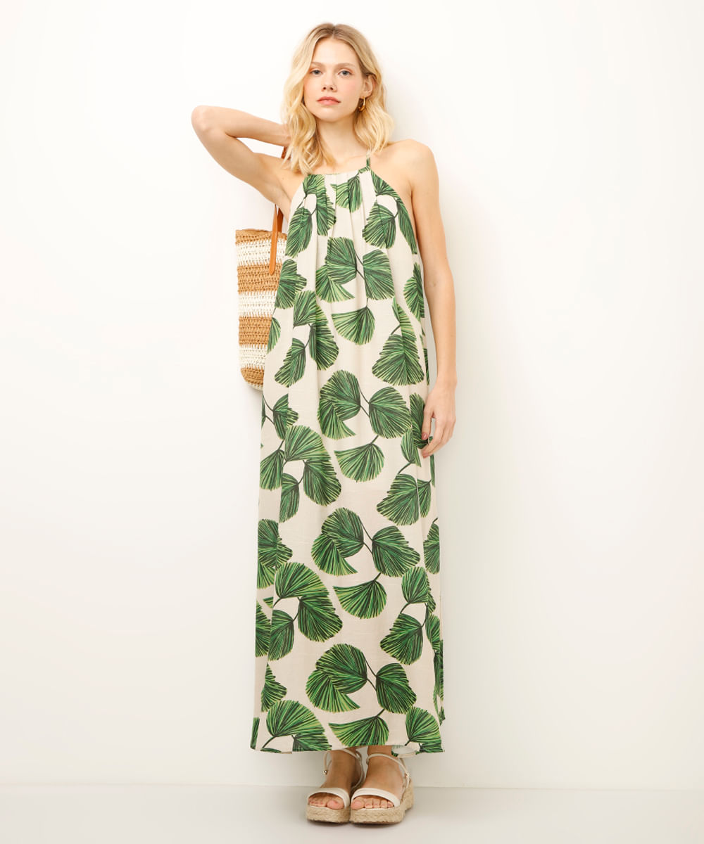 vestido longo halterneck folhagem bege