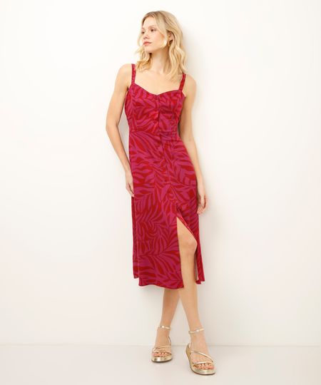 vestido midi de viscose folhagens rosa P