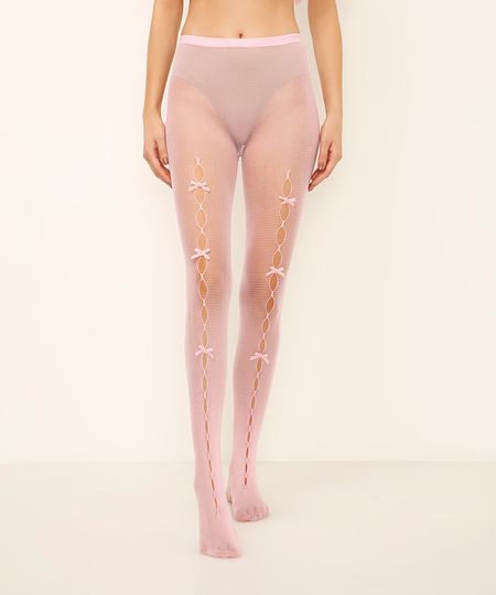meia calça arrastão com laços rosa UNICO