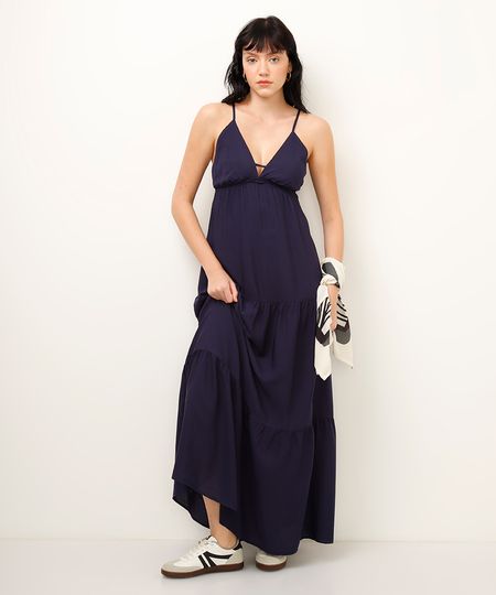vestido longo de viscose decote v azul G