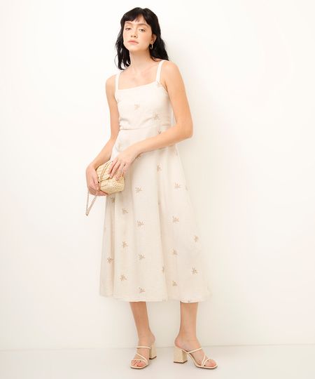 vestido midi bordado com linho bege PP