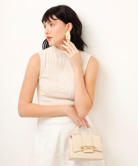 regata gola alta texturizada bege M regata gola alta texturizada bege M