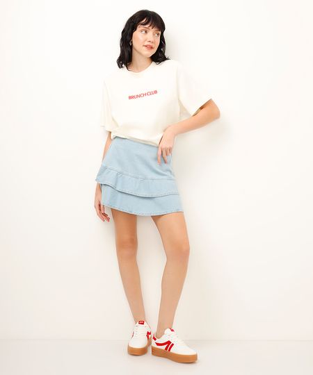 saia curta jeans com babado azul 38