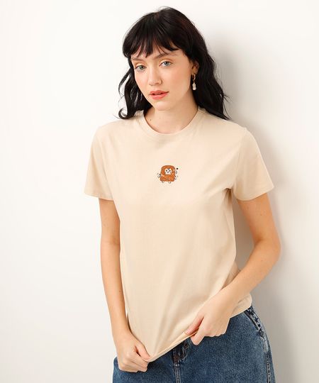 camiseta de algodão gatinho bege P camiseta de algodão gatinho bege P