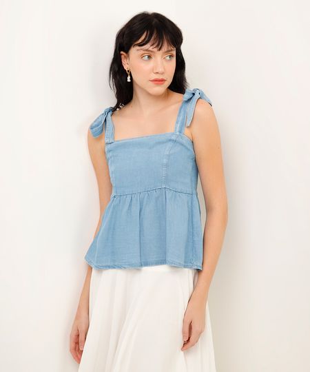 blusa jeans com amarração azul PP