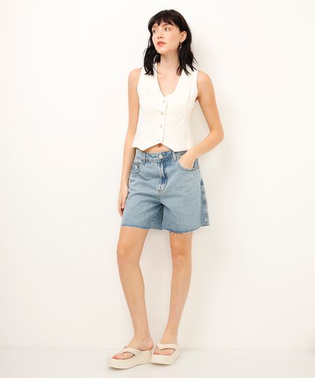 bermuda jeans reta destroyed azul 34