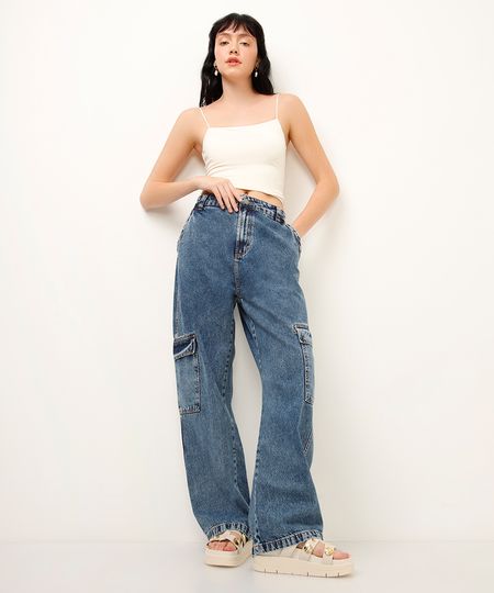 calça wide leg jeans com bolso cargo azul 42