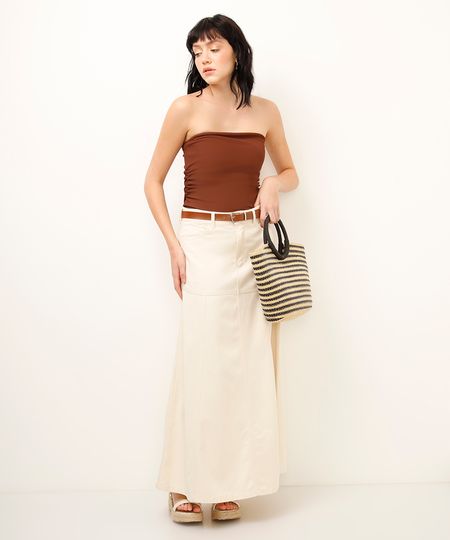 saia longa de sarja com cinto off white 34 saia longa de sarja com cinto off white 34