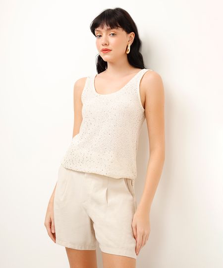 regata alongada de tricot com paetê off white P regata alongada de tricot com paetê off white P