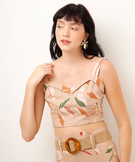 cropped com linho decote coração folhagens bege M cropped com linho decote coração folhagens bege M