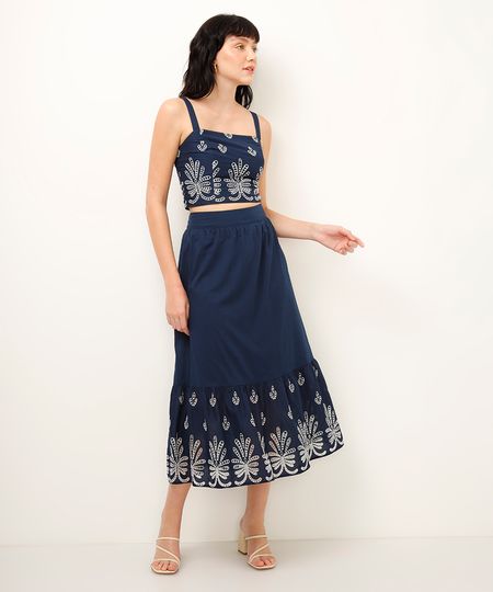 saia midi com bordado azul PP