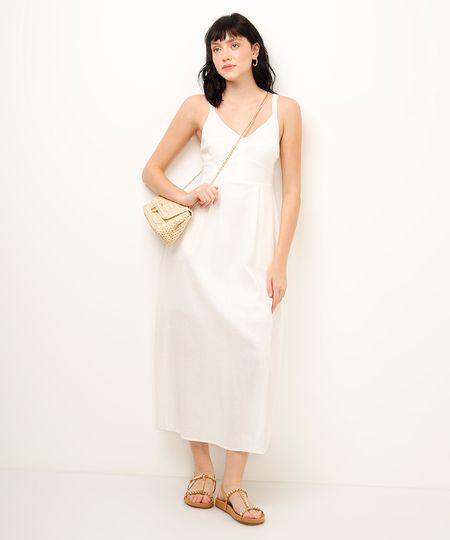 vestido midi decote v com linho off white P