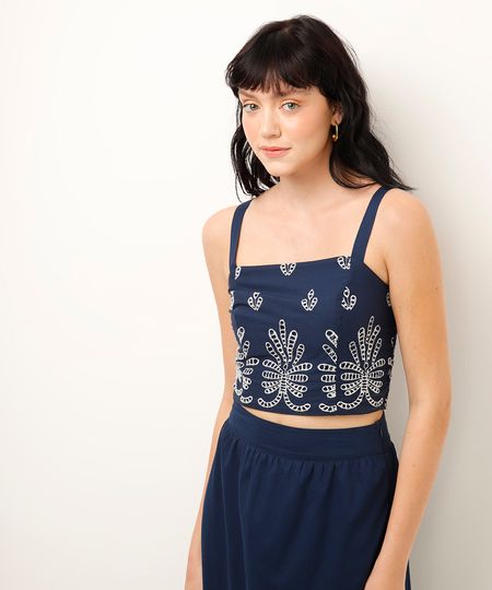 cropped de algodão arabesco azul G cropped de algodão arabesco azul G