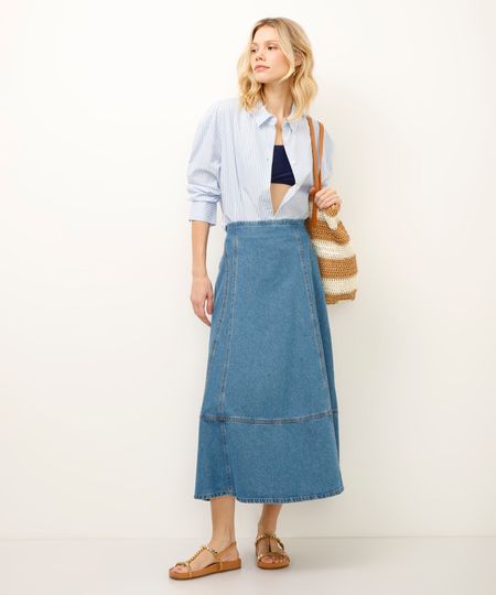 saia midi jeans com recortes azul 34