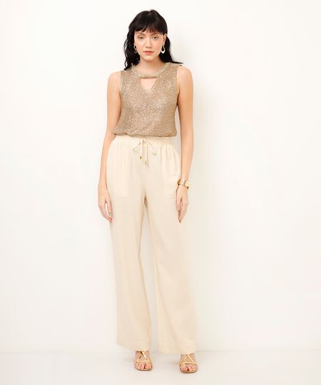 calça reta com linho cós elástico bege 38 calça reta com linho cós elástico bege 38