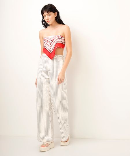 calça wide leg de sarja listrada branca 46
