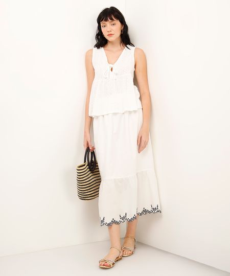 saia midi de algodão com bordado off white 34 saia midi de algodão com bordado off white 34