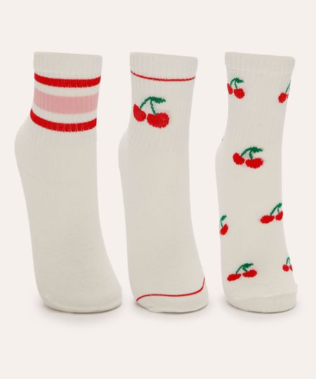 kit de 3 meias infantis cano alto cereja off white 22-25 kit de 3 meias infantis cano alto cereja off white 22-25