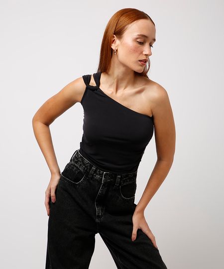 blusa ombro único franzida mindset preta PP