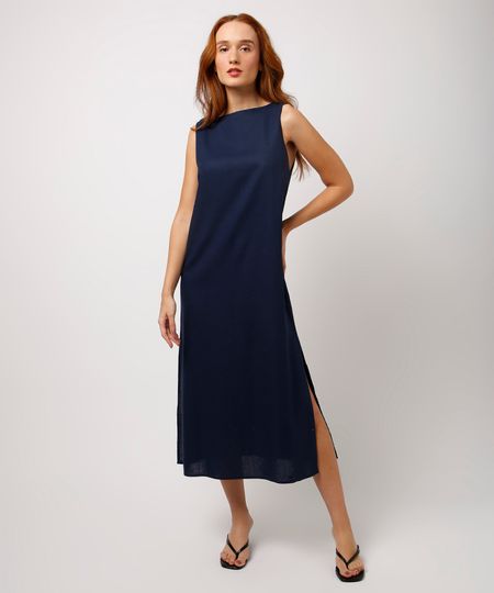 vestido midi com linho mindset azul M