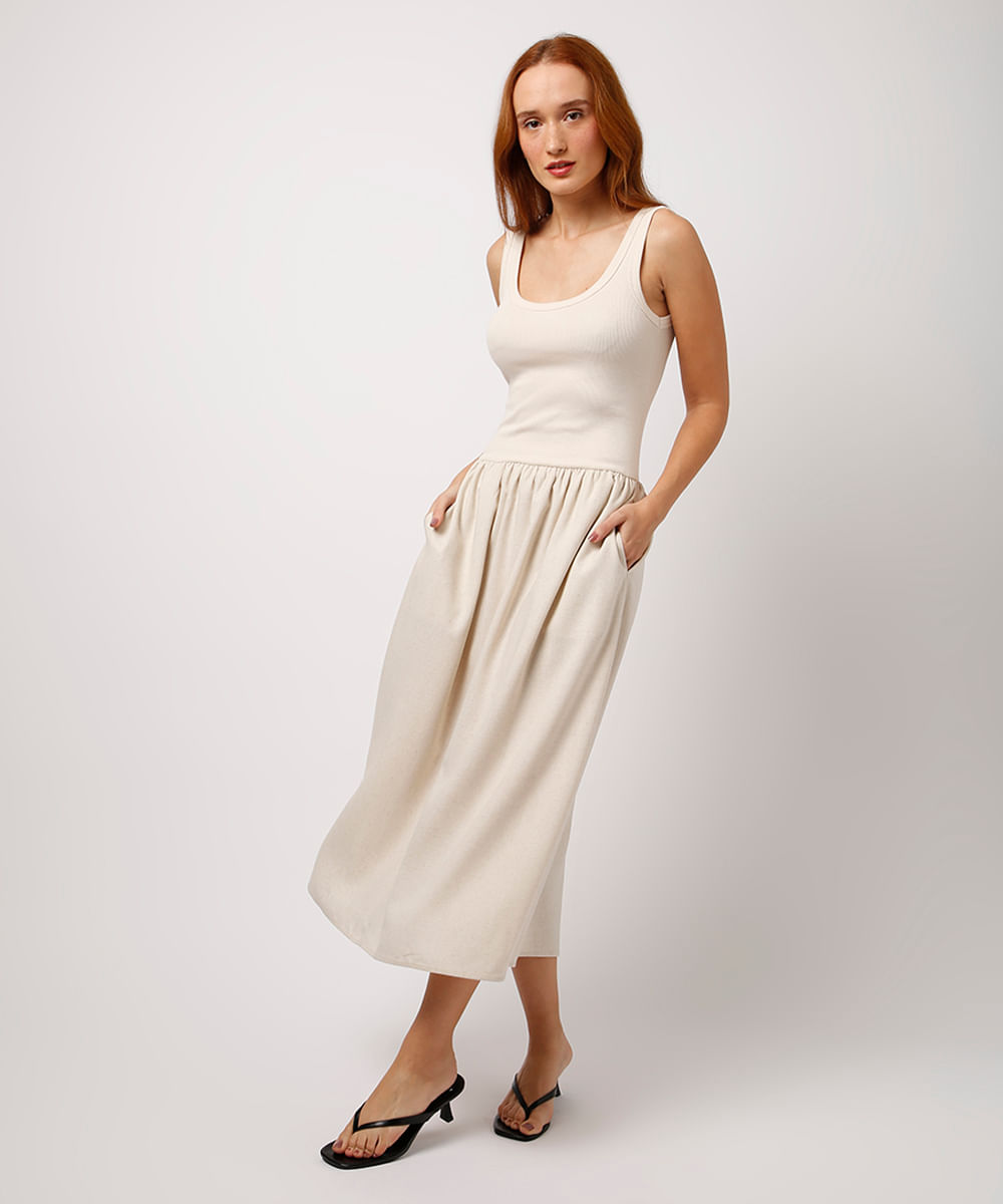 vestido midi com linho mindset bege