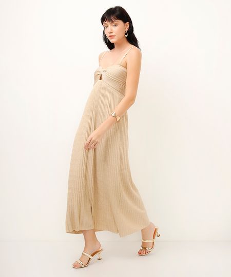 vestido midi de tricot com lurex plissado bege PP