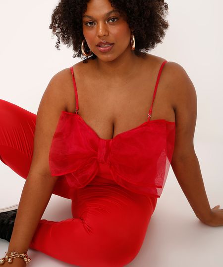 macacão alça fina com laço plus size vermelho GG3