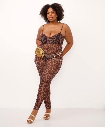 macacão de tule animal print plus size bege GG1