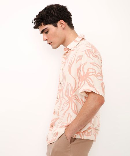 camisa com linho manga curta folhagem bege M