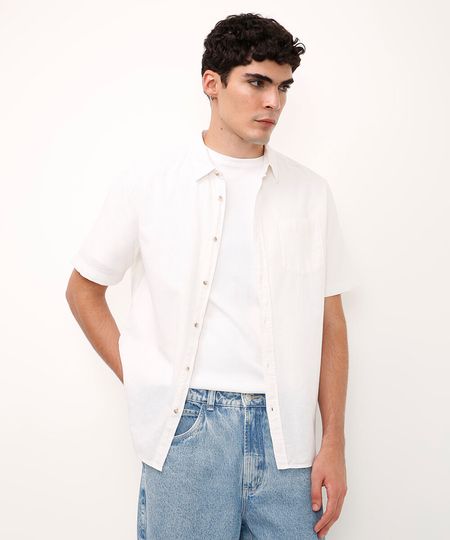 camisa comfort com linho manga curta - branco G camisa comfort com linho manga curta - branco G