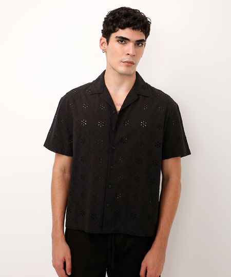 camisa de laise manga curta floral - preto P camisa de laise manga curta floral - preto P