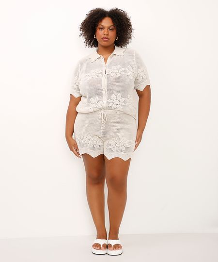 short de tricot floral plus size mindset bege GG2
