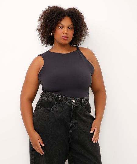 regata alça torcida com franzido plus size mindset preta GG4