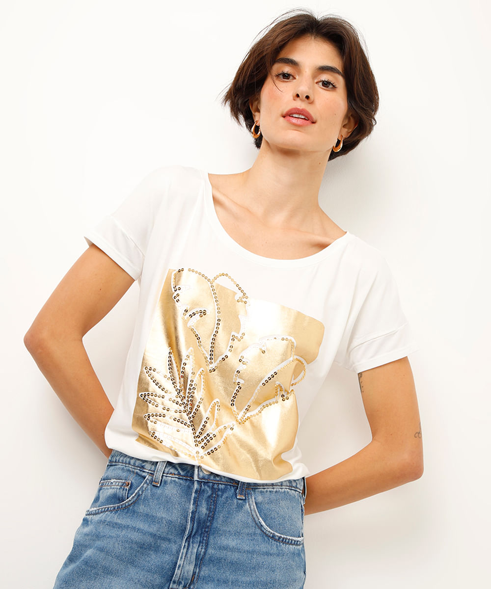 blusa de viscose folhagem metalizada off white