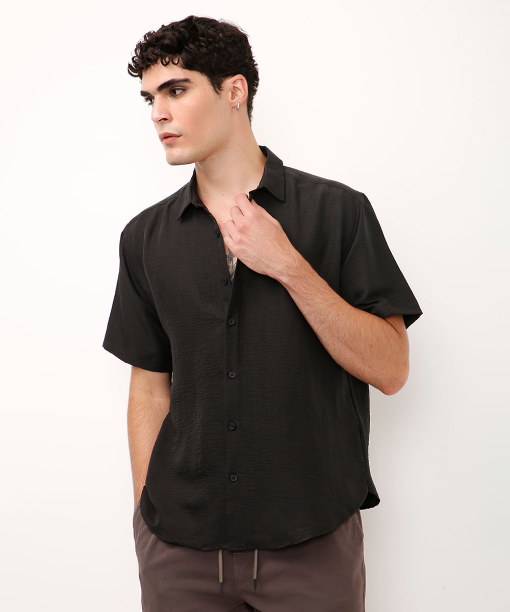 camisa manga curta texturizada preta