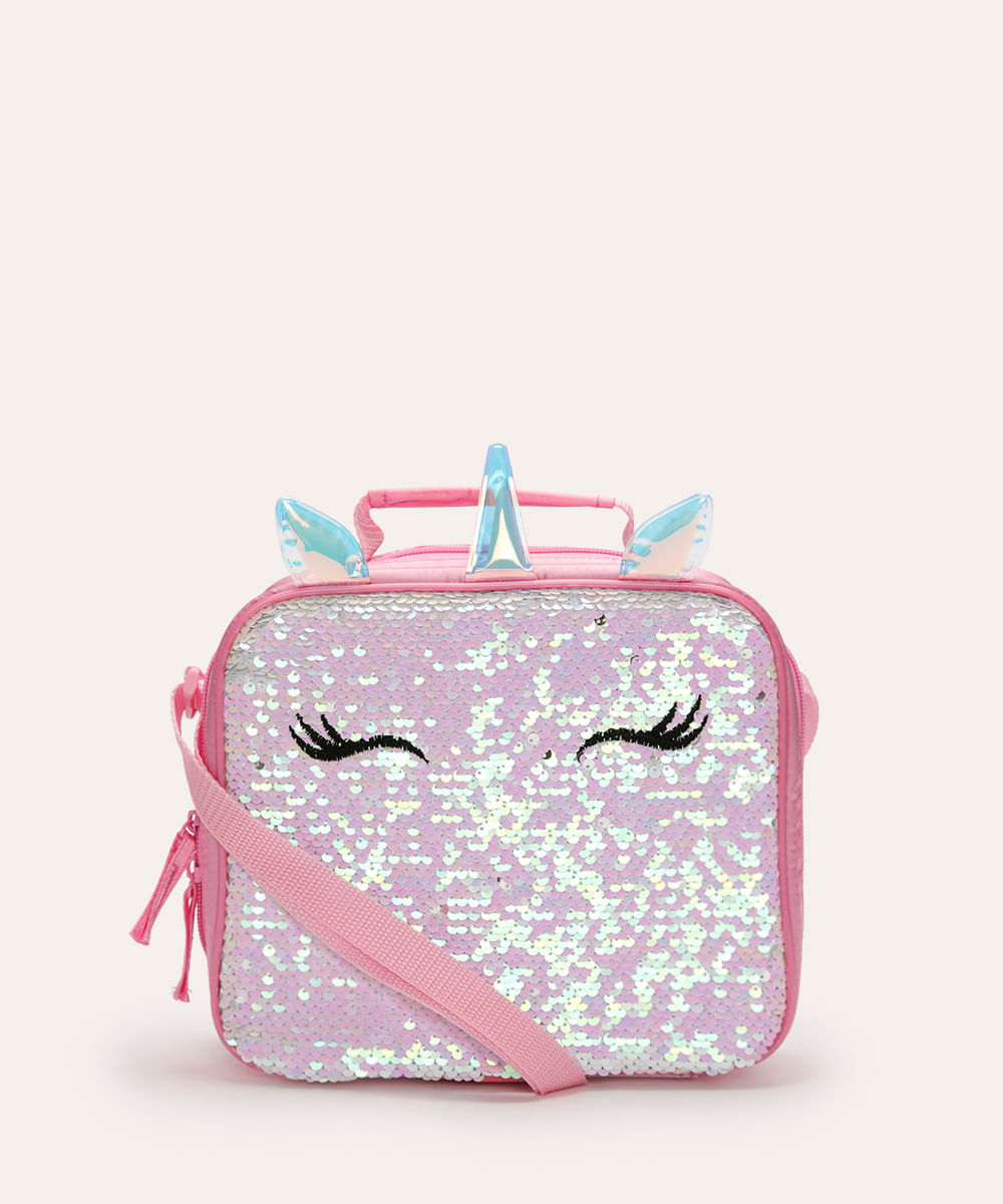 lancheira térmica infantil unicórnio com paetê rosa