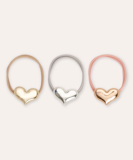 kit de 3 elásticos de cabelo infantis coração metalizado colorido UNICO kit de 3 elásticos de cabelo infantis coração metalizado colorido UNICO