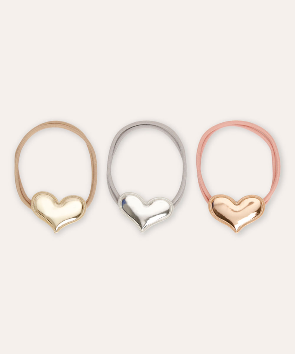 kit de 3 elásticos de cabelo infantis coração metalizado colorido