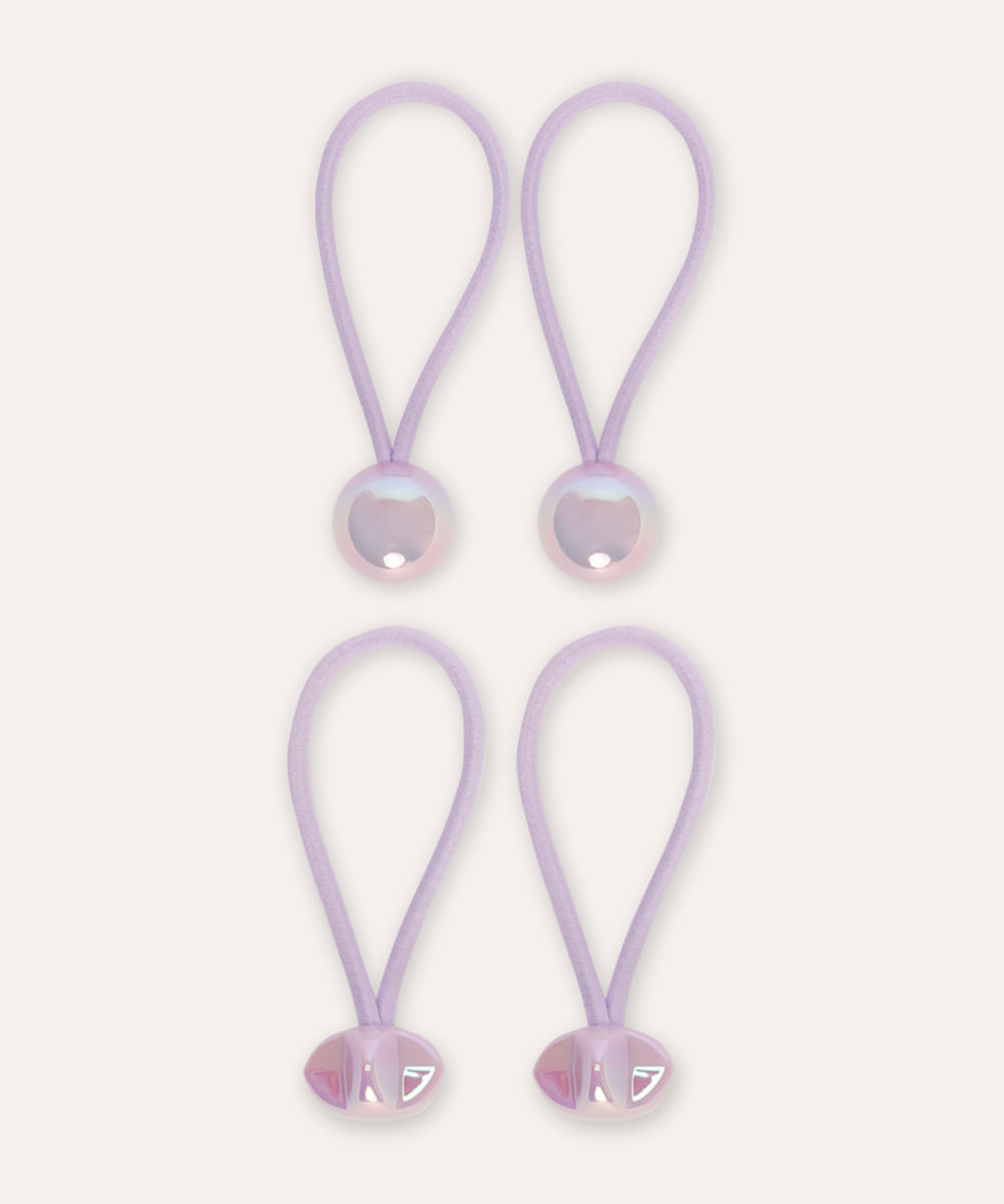 kit de 4 elásticos para cabelo infantis com acrílico holográfico lilás