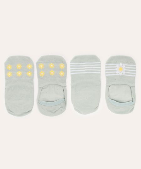 kit de 2 meias cano invisível floral verde 34-39