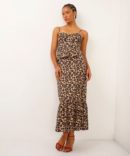 vestido midi de algodão animal print bege PP vestido midi de algodão animal print bege PP