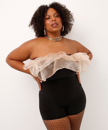 macaquinho sem alça com babados plus size preto GG2