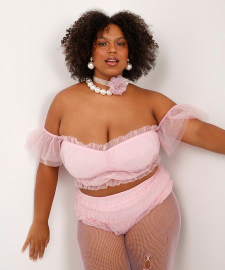 cropped de tule franzido plus size rosa GG3