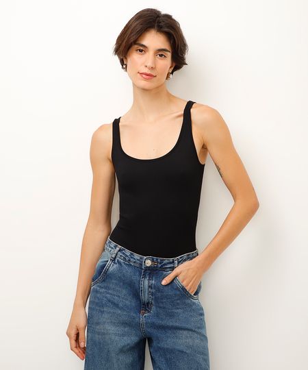 body básico de poliamida canelado preto P