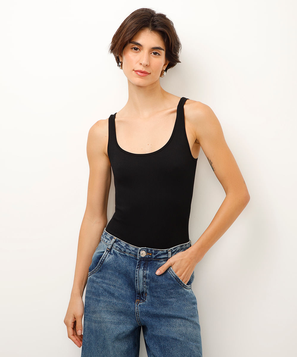 body básico de poliamida canelado preto