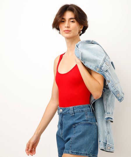 body básico de poliamida canelado vermelho M
